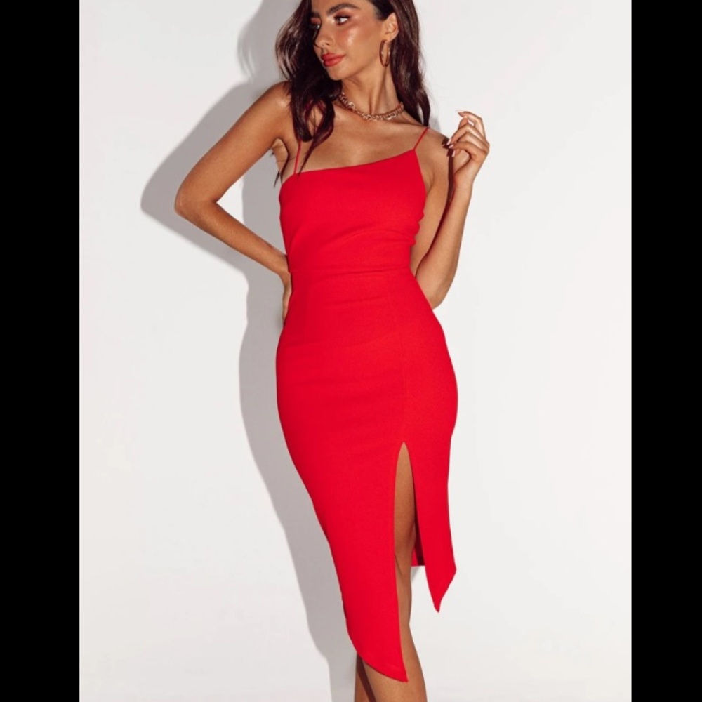 Princess Polly Red Split Hem MIDI Dress